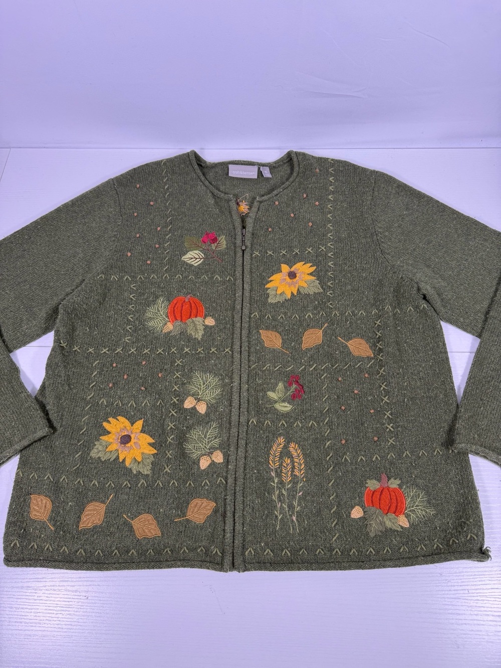 Croft & Barrow Embroidered Fall Pumpkin Floral Wool Blend Cardigan XL
